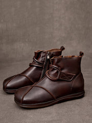 Vintage Genuine Leather Spliced Zipper Flat Boots