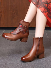 Ethnic Winter Flower Spliced Leather Mid-Heel Boots