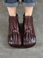 Soft Leather Shirred Square Toe Ankle Boots