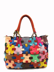 Fashion Genuine Leather Plaid Spliced Handbag