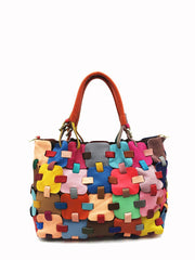 Fashion Genuine Leather Plaid Spliced Handbag