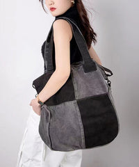 Large Capacity Calf Leather Patchwork Canvas Satchel Bag Handbag