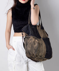 Large Capacity Calf Leather Patchwork Canvas Satchel Bag Handbag