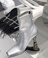 Versatile Silver Zipper Metal Heterotypic High Heel Boots