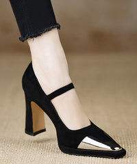 Sequined Splicing Chunky High Heels Black Suede