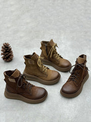 Vintage Leather Patch Strap Mid-Heel Boots