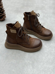 Vintage Leather Patch Strap Mid-Heel Boots