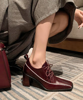 Chic Splicing Lace Up Chunky Heel Mulberry Cowhide Leather