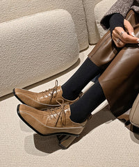 Chic Splicing Lace Up Chunky Heel Mulberry Cowhide Leather
