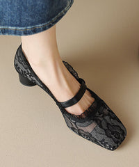 Mesh Lace Hollow Out Chunky Heel Penny Loafers