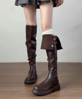 Versatile Brown Faux Leather Splicing Knee Boots
