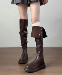 Versatile Brown Faux Leather Splicing Knee Boots