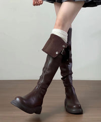 Versatile Brown Faux Leather Splicing Knee Boots