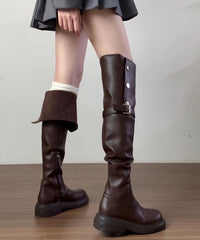 Versatile Brown Faux Leather Splicing Knee Boots
