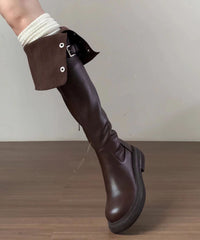 Versatile Brown Faux Leather Splicing Knee Boots