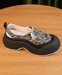 Splicing Platform Sandals Khaki Faux Leather Hollow Out