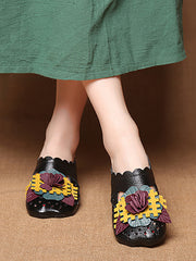 Ethnic Leather Flower Spliced Low Heel Sandals