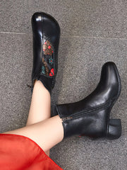 Ethnic Winter Flower Spliced Leather Mid-Heel Boots