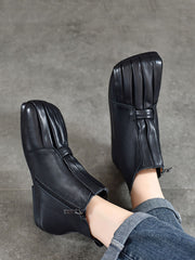 Soft Leather Shirred Square Toe Ankle Boots