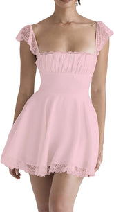 Cute Scalloped Cap Sleeve Square Neck Fit & Flare Mini Summer Sundress - Pink