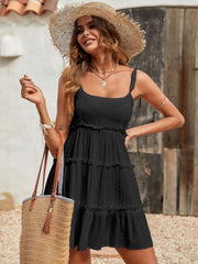 Flattering Tiered Ruffle Empire Waist Mini Summer Sundress - Black