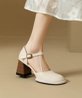Classy Heel Sandals Leather Beige Cowhide Chunky Splicing