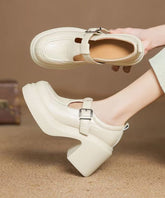 Beige Sheepskin Chunky Heel Loafers Splicing Buckle Strap