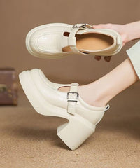 Beige Sheepskin Chunky Heel Loafers Splicing Buckle Strap