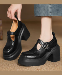 Beige Sheepskin Chunky Heel Loafers Splicing Buckle Strap