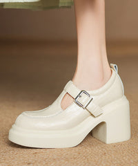 Beige Sheepskin Chunky Heel Loafers Splicing Buckle Strap