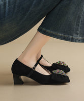 Suede Strap Zircon Buckle High Chunky Black Bow Heels Splicing