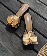 Leather Splicing Black Stylish Slide Sandals Faux Floral Chunky