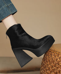 Black Chunky Heel Zippered Splicing Horsehair Boots