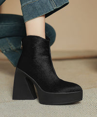 Black Chunky Heel Zippered Splicing Horsehair Boots