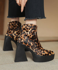 Black Chunky Heel Zippered Splicing Horsehair Boots