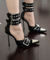 Black Sandals Stiletto Faux Leather Splicing Rivet