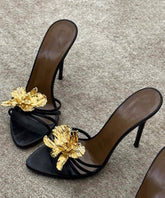 Splicing Floral Slide Sandals Faux Black Stiletto Leather