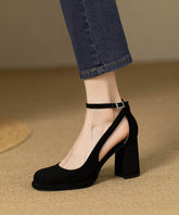 Buckle Hollow Black Heel Splicing Out Chunky Sandals Strap Suede