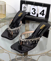Black Zircon Tassel Chunky Heel Thong Sandals