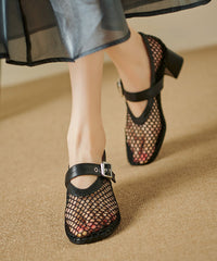 Boutique Black Buckle Strap Hollow Out Chunky Heel Sandals