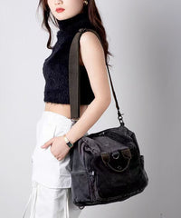 Boutique Grey Versatile Calf Leather Patchwork Canvas Backpack Messenger Bag