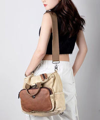 Boutique Grey Versatile Calf Leather Patchwork Canvas Backpack Messenger Bag