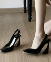 Black Sheepskin High Square Boutique Heel Toe Sandals Splicing