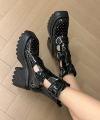 Boutique White Cowhide Leather Hollow Out Buckle Strap Splicing Boots