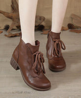 Brown Boots Chunky Cowhide Leather Lace Up Boots