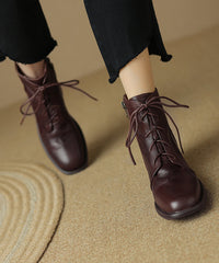 Brown Boots Chunky Cowhide Leather Splicing Cross Strap