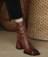 Brown Boots Chunky Cowhide Leather Splicing Zippered