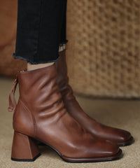 Brown Boots Chunky Cowhide Leather Splicing Zippered