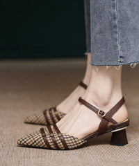 Brown Cotton Fabric Splicing Chunky High Heels Pointed Toe Buckle Strap