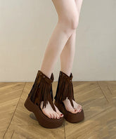 Brown Platform Rivet Tassel Roman Thong Sandals For's